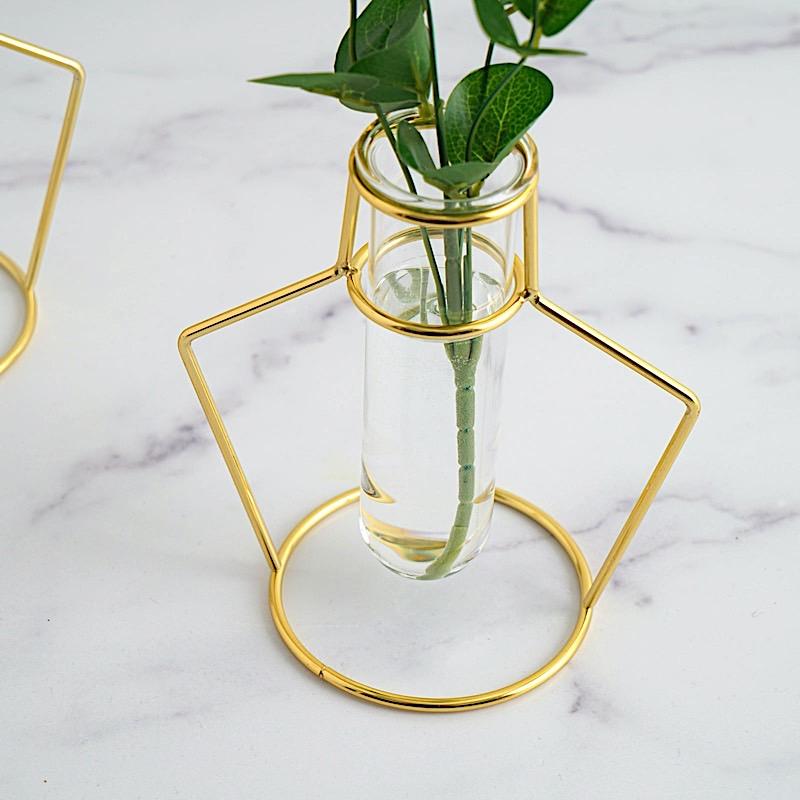 2 pcs Geometric Flower Vase Holders with Clear Glass Tubes - Gold IRON_VASE_004_7_GD