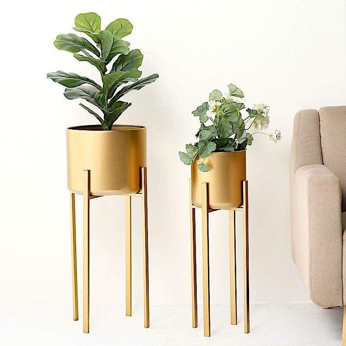 2 Gold Metal Planters with Stand Indoor Flower Pots Holders
