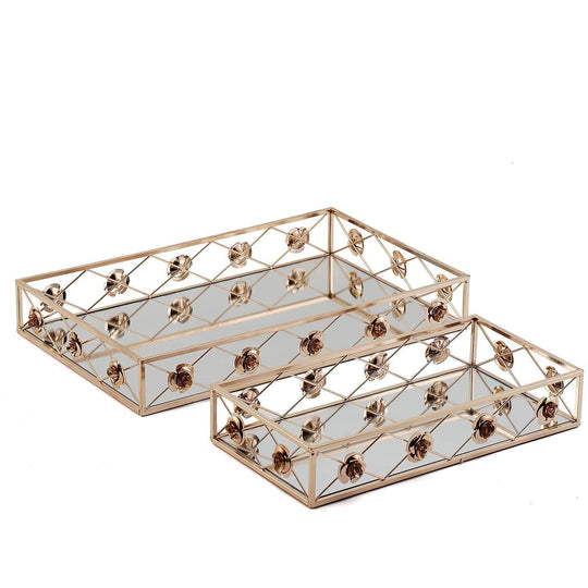 2 pcs Metal Rectangular Floral Rim Mirror Serving Trays - Gold CHRG_TRAY004_SET_GOLD