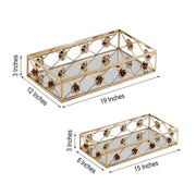 2 pcs Metal Rectangular Floral Rim Mirror Serving Trays - Gold CHRG_TRAY004_SET_GOLD