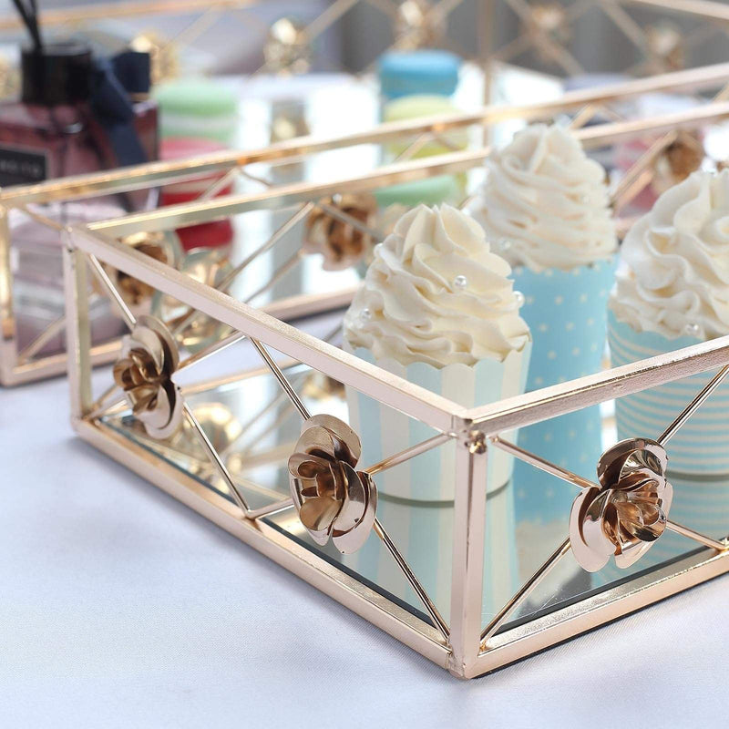 2 pcs Metal Rectangular Floral Rim Mirror Serving Trays - Gold CHRG_TRAY004_SET_GOLD