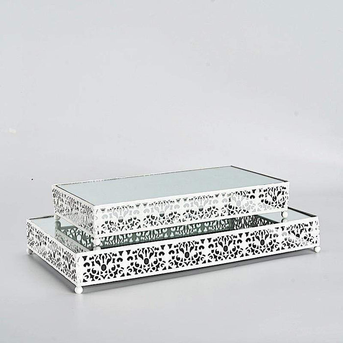 2 pcs Metal with Mirror Glass Fleur De Lis Rectangular Cake Stands