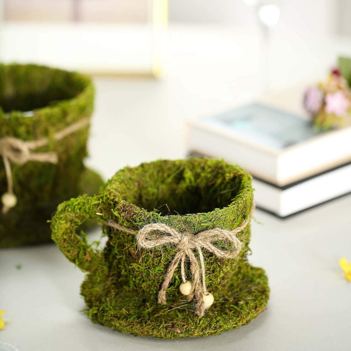 2 pcs Natural Moss Teacups Planter Boxes with Ribbons - Green MOSS_PLNT_019_GRN