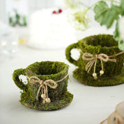 2 pcs Natural Moss Teacups Planter Boxes with Ribbons - Green MOSS_PLNT_019_GRN