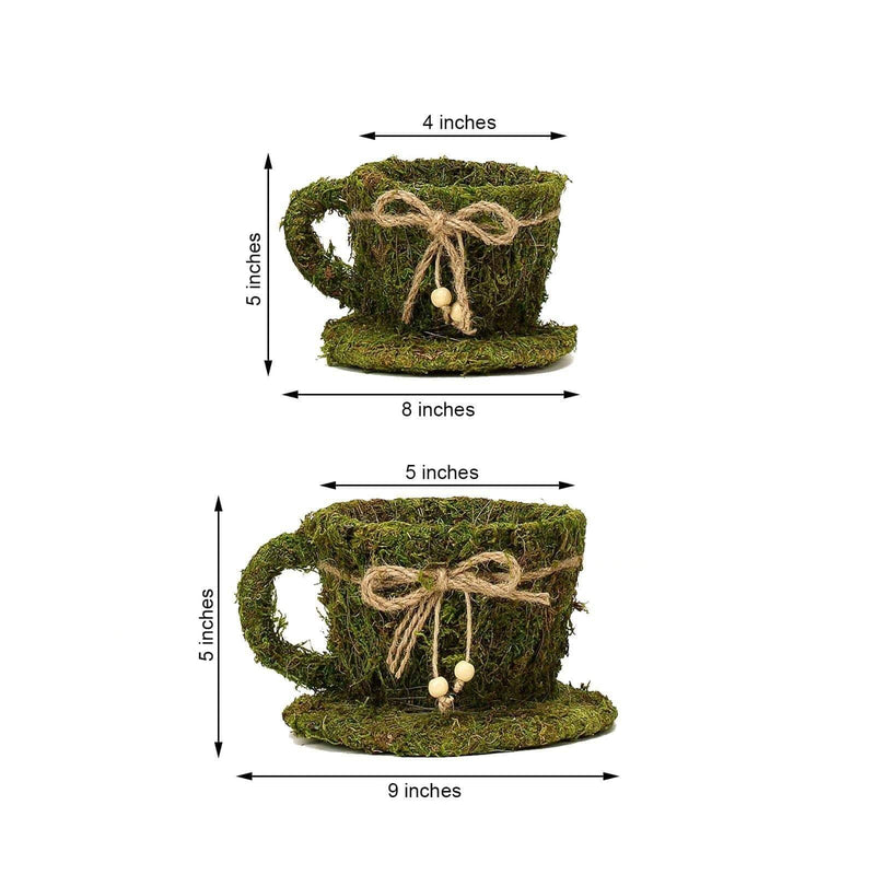 2 pcs Natural Moss Teacups Planter Boxes with Ribbons - Green MOSS_PLNT_019_GRN