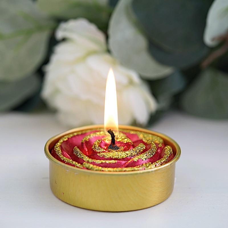 2 Rose Glittered Tealight Unscented Candles Wedding Centerpieces - Red with Gold CAND_TL002_RED