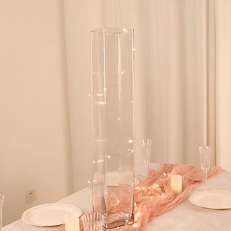 2 Square Tall Cylinder Glass Flower Vases Centerpieces - Clear