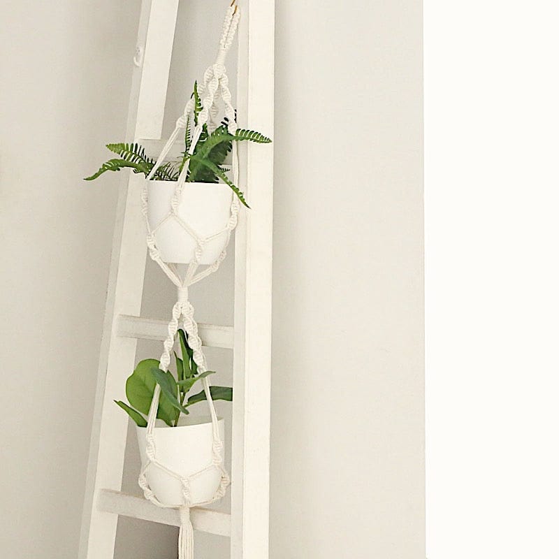 2 Tier Cotton Rope Macrame Indoor Pot Holder Planter Hanger - Ivory PLNT_HANG_COT_002_WHT