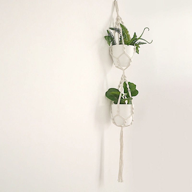 2 Tier Cotton Rope Macrame Indoor Pot Holder Planter Hanger - Ivory PLNT_HANG_COT_002_WHT