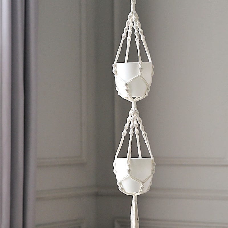 2 Tier Cotton Rope Macrame Indoor Pot Holder Planter Hanger - Ivory PLNT_HANG_COT_002_WHT