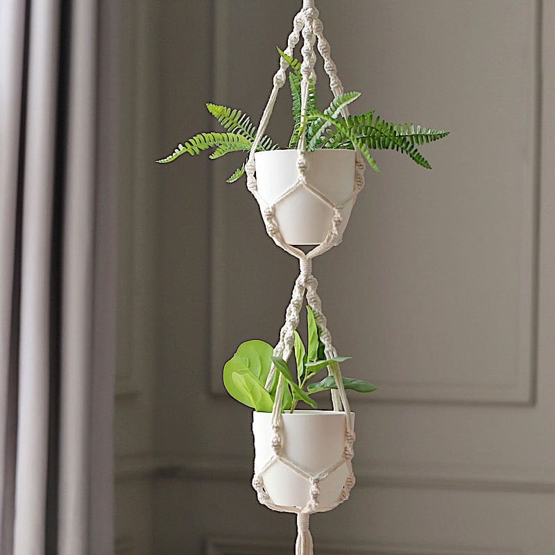 2 Tier Cotton Rope Macrame Indoor Pot Holder Planter Hanger - Ivory PLNT_HANG_COT_002_WHT