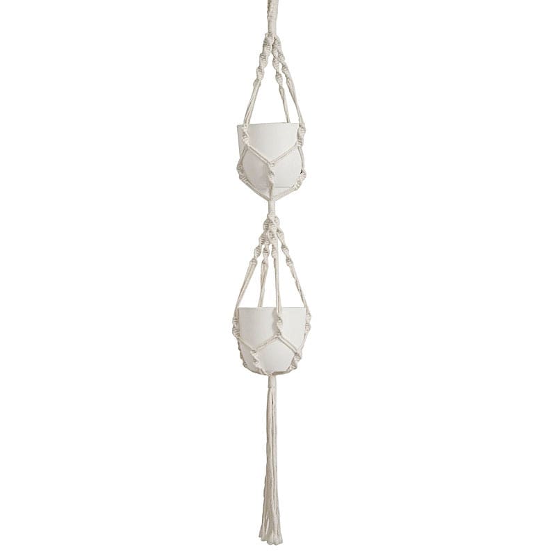 2 Tier Cotton Rope Macrame Indoor Pot Holder Planter Hanger - Ivory PLNT_HANG_COT_002_WHT