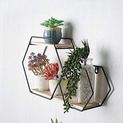 2 Tier Hexagon Metal with Wood Geometric Floating Shelf - Black and Natural WOD_HOPSHLF_HEX1_BLK