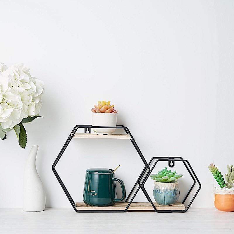 2 Tier Hexagon Metal with Wood Geometric Floating Shelf - Black and Natural WOD_HOPSHLF_HEX1_BLK