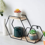 2 Tier Hexagon Metal with Wood Geometric Floating Shelf - Black and Natural WOD_HOPSHLF_HEX1_BLK