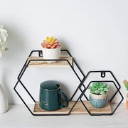 2 Tier Hexagon Metal with Wood Geometric Floating Shelf - Black and Natural WOD_HOPSHLF_HEX1_BLK