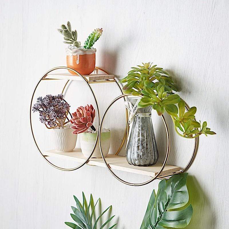 2 Tier Round Metal with Wood Geometric Floating Shelf - Gold and Natural WOD_HOPSHLF_RND1_GOLD