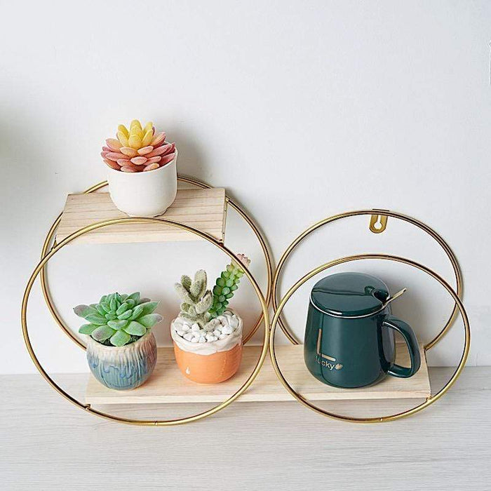 2 Tier Round Metal with Wood Geometric Floating Shelf - Gold and Natural WOD_HOPSHLF_RND1_GOLD