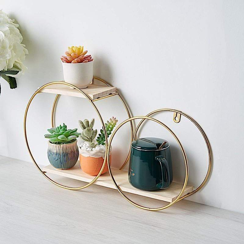 2 Tier Round Metal with Wood Geometric Floating Shelf - Gold and Natural WOD_HOPSHLF_RND1_GOLD