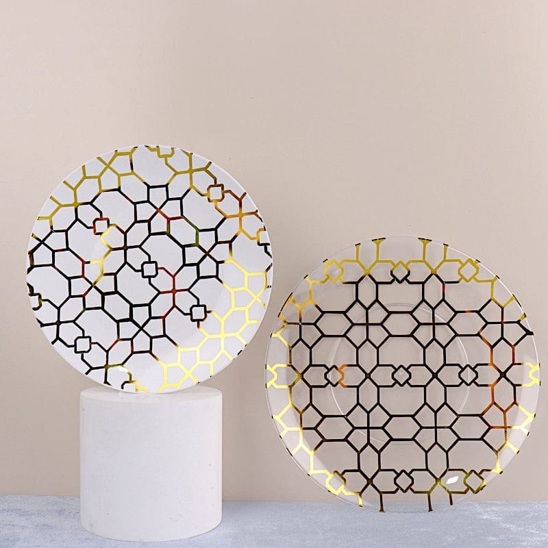 20 Clear and White Plastic Dinner Salad Plates with Gold Geometric Design - Disposable Tableware DSP_PLR0015_SET_WHCL