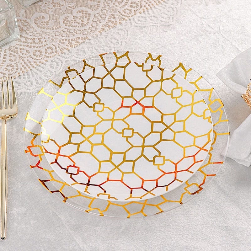 20 Clear and White Plastic Dinner Salad Plates with Gold Geometric Design - Disposable Tableware DSP_PLR0015_SET_WHCL