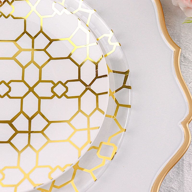 20 Clear and White Plastic Dinner Salad Plates with Gold Geometric Design - Disposable Tableware DSP_PLR0015_SET_WHCL