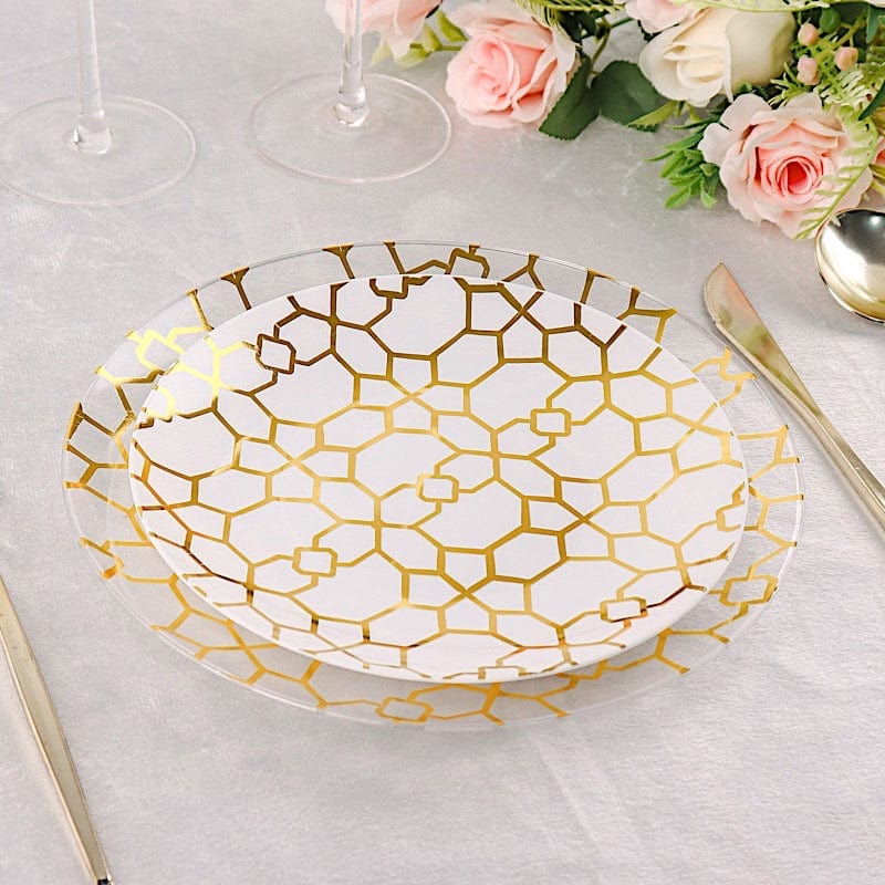 20 Clear and White Plastic Dinner Salad Plates with Gold Geometric Design - Disposable Tableware DSP_PLR0015_SET_WHCL
