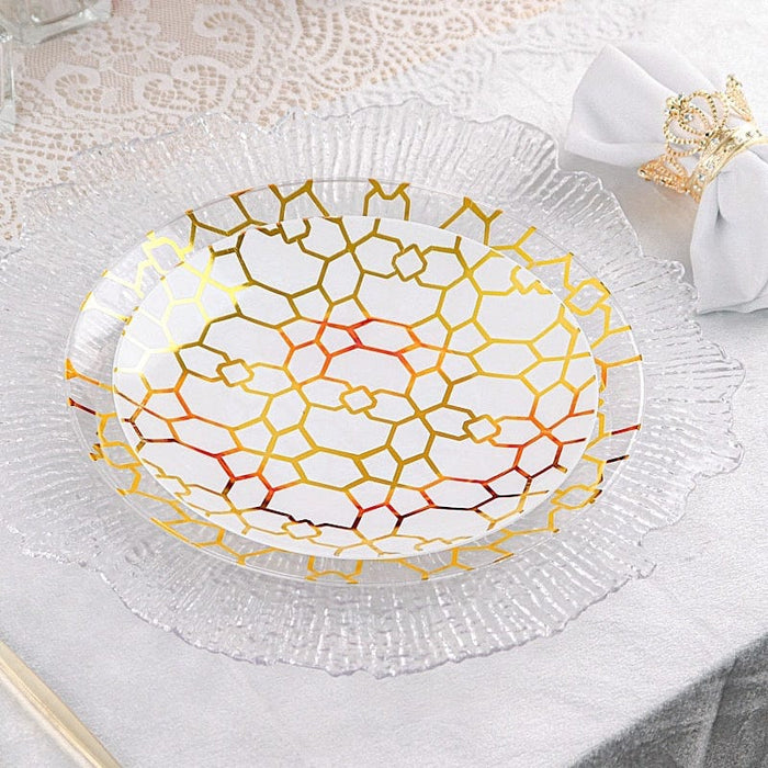 20 Clear and White Plastic Dinner Salad Plates with Gold Geometric Design - Disposable Tableware DSP_PLR0015_SET_WHCL