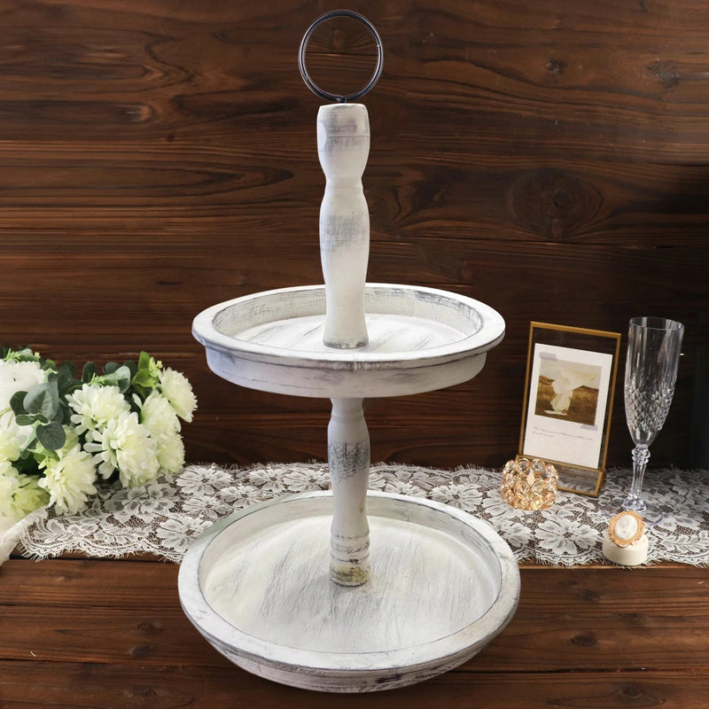 20" Round 2 Tier Wooden Cupcake Stand Dessert Serving Tray - Whitewashed CAKE_WOD008_12_WHT