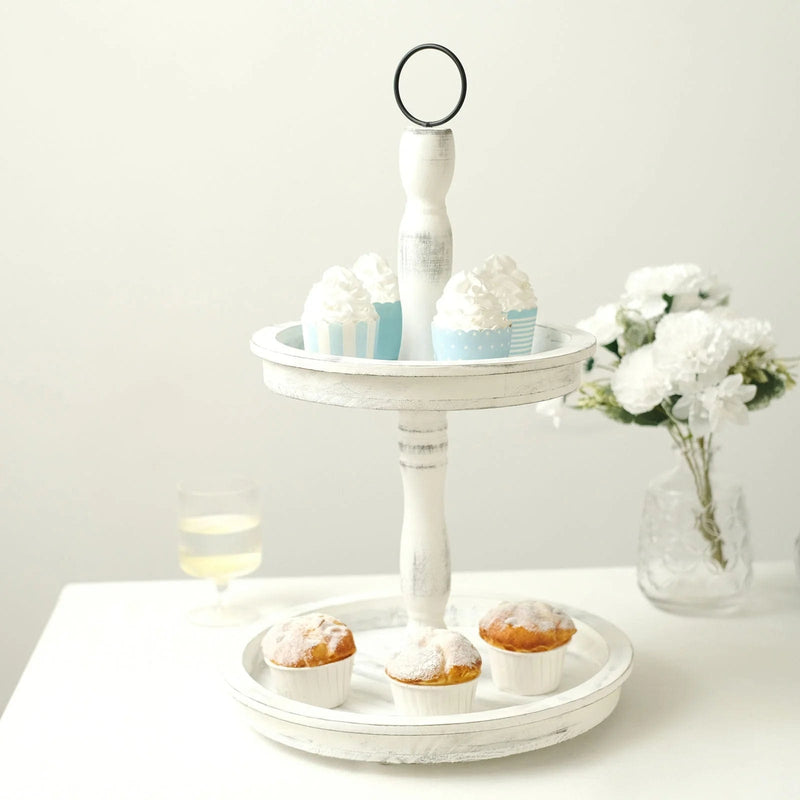 20" Round 2 Tier Wooden Cupcake Stand Dessert Serving Tray - Whitewashed CAKE_WOD008_12_WHT