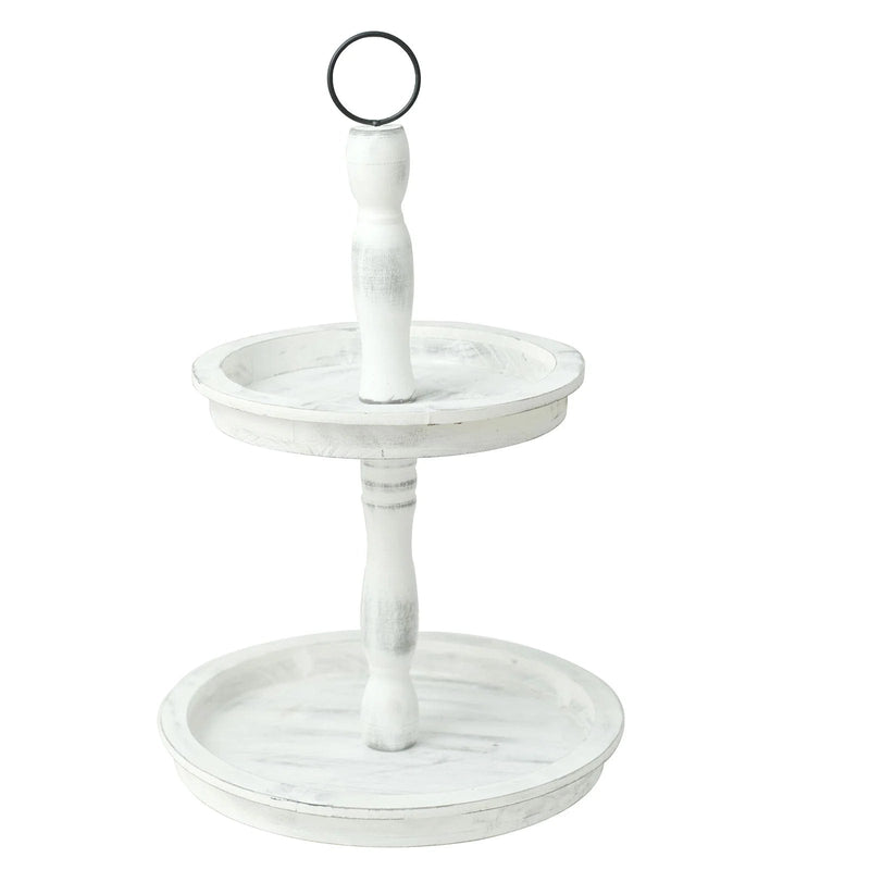 20" Round 2 Tier Wooden Cupcake Stand Dessert Serving Tray - Whitewashed CAKE_WOD008_12_WHT