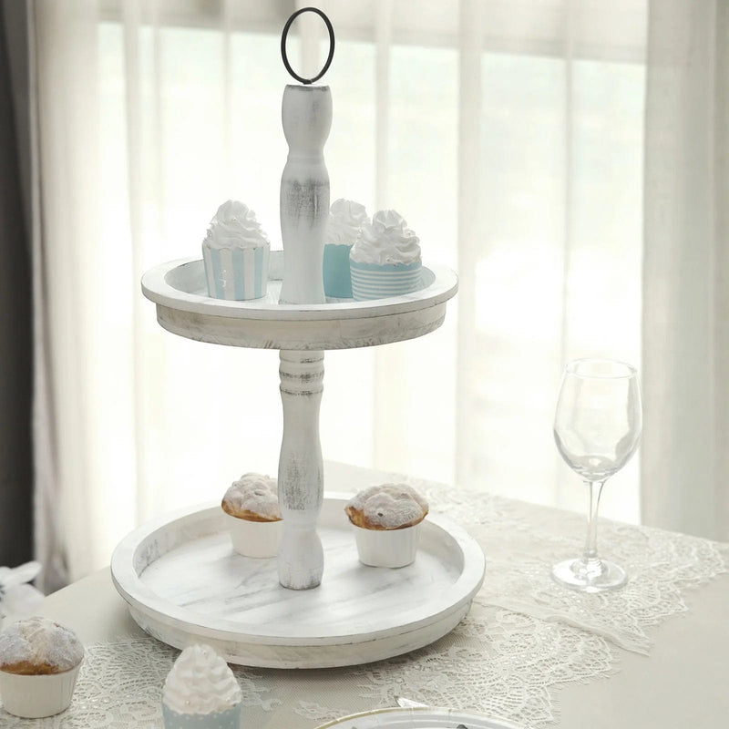 20" Round 2 Tier Wooden Cupcake Stand Dessert Serving Tray - Whitewashed CAKE_WOD008_12_WHT