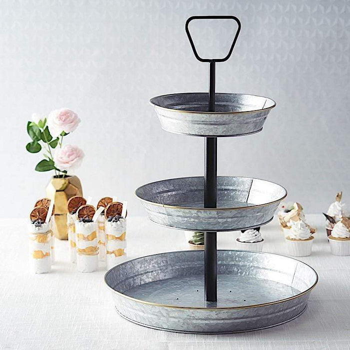 20" tall 3 Tiers Galvanized Metal Serving Trays Cupcake Holders Stand - Silver and Black CAKE_MET_001_SILVB