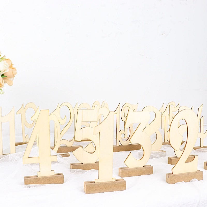 20 Wooden 6" Table Numbers 1-20 Set with Holder Base - Natural WOD_METLTR06_SET_NAT
