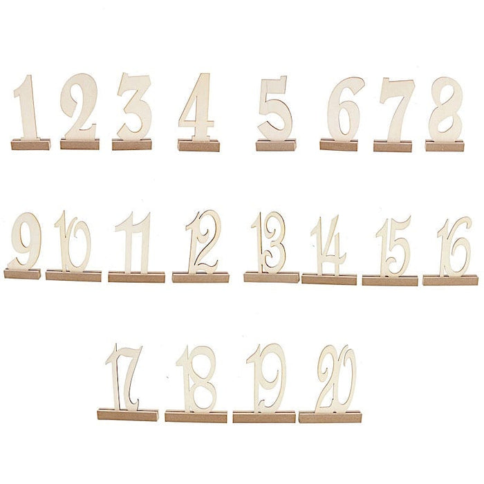20 Wooden 6" Table Numbers 1-20 Set with Holder Base - Natural WOD_METLTR06_SET_NAT
