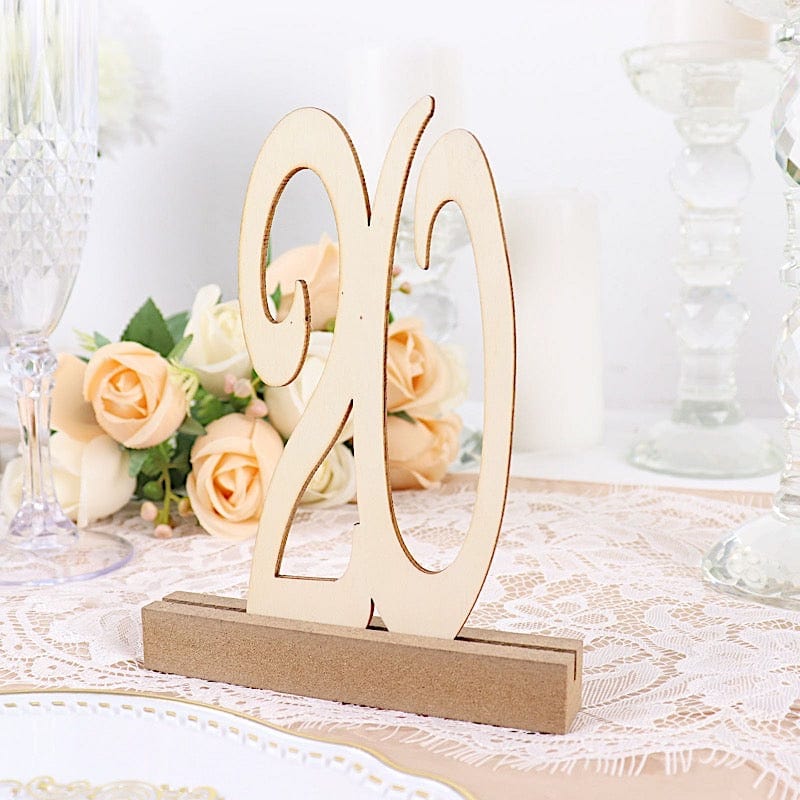 20 Wooden 6" Table Numbers 1-20 Set with Holder Base - Natural WOD_METLTR06_SET_NAT