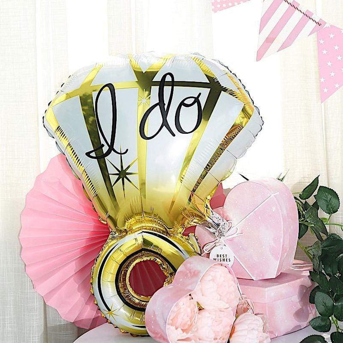 21" tall Large Diamond Wedding Ring Mylar Foil Balloon - Gold and White BLOON_FOL0011_21