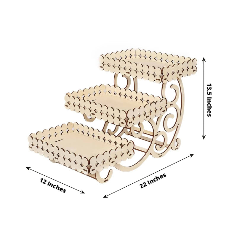 22" Rectangular 3 Tier Laser Cut Wood Cupcake Dessert Stand - Natural CAKE_WOD012_NAT