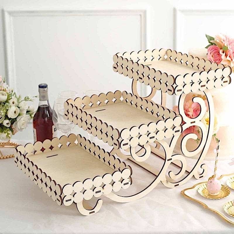 22" Rectangular 3 Tier Laser Cut Wood Cupcake Dessert Stand - Natural CAKE_WOD012_NAT