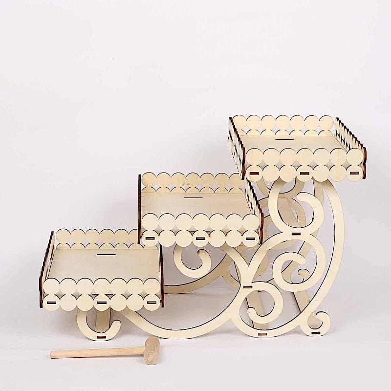 22" Rectangular 3 Tier Laser Cut Wood Cupcake Dessert Stand - Natural CAKE_WOD012_NAT