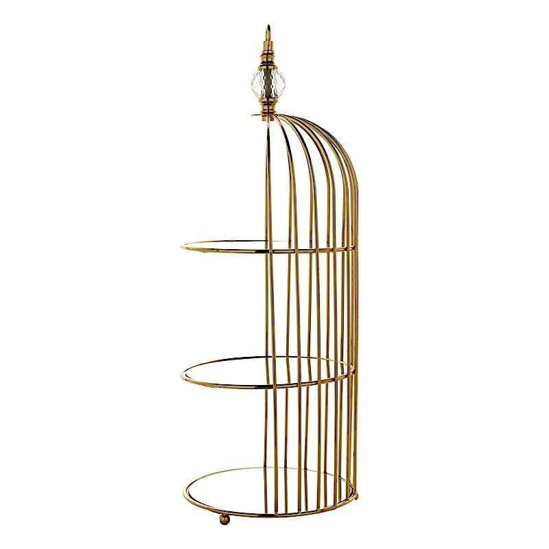 22" tall 3 Tier Metal with Mirror Glass Hanging Bird Cage Dessert Stand - Gold CHDLR_CAKE13_L_GOLD