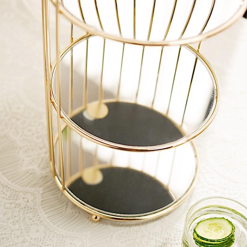 22" tall 3 Tier Metal with Mirror Glass Hanging Bird Cage Dessert Stand - Gold CHDLR_CAKE13_L_GOLD