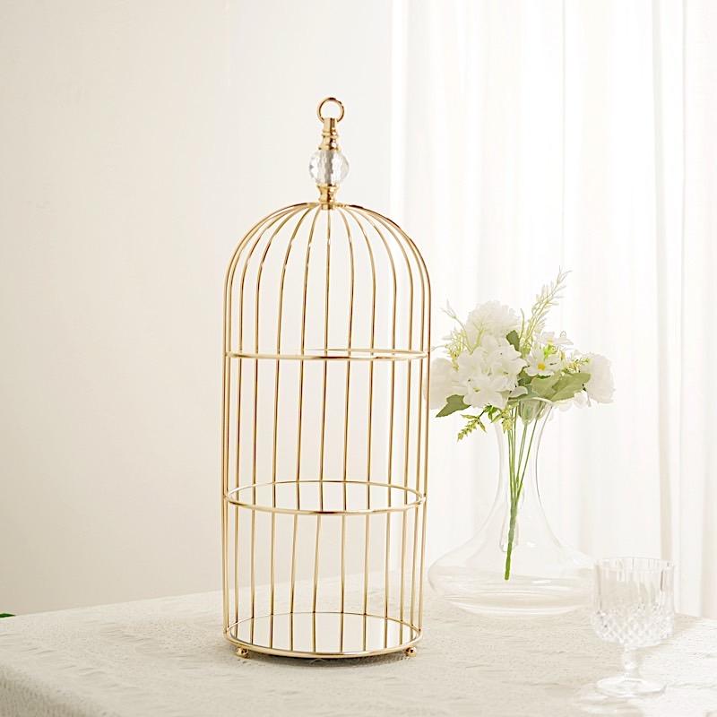 22" tall 3 Tier Metal with Mirror Glass Hanging Bird Cage Dessert Stand - Gold CHDLR_CAKE13_L_GOLD