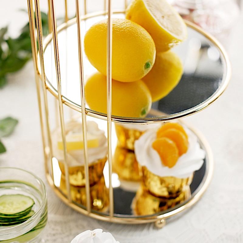 22" tall 3 Tier Metal with Mirror Glass Hanging Bird Cage Dessert Stand - Gold CHDLR_CAKE13_L_GOLD