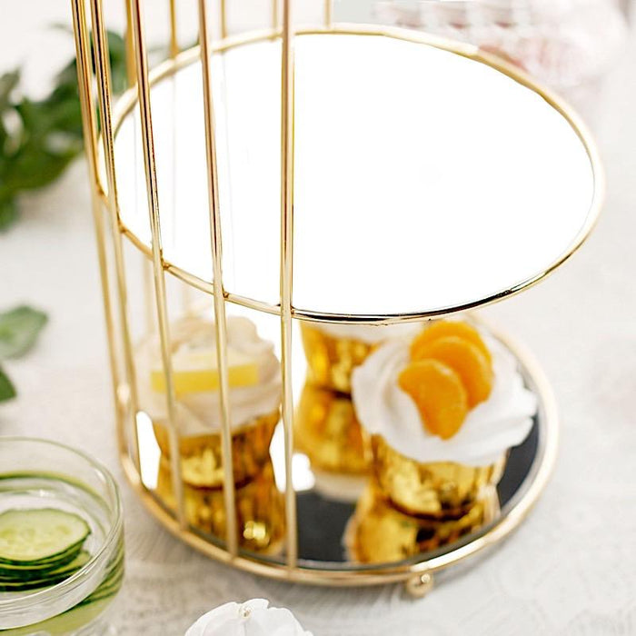 22" tall 3 Tier Metal with Mirror Glass Hanging Bird Cage Dessert Stand - Gold CHDLR_CAKE13_L_GOLD