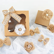 24 Assorted Flower and Bows Pre Tied Burlap Ribbons - Natural with White RIB_BOW_JUTE01_SET_NAT