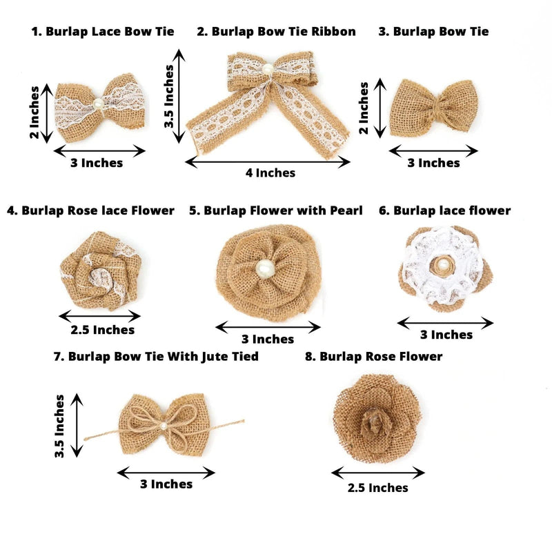 24 Assorted Flower and Bows Pre Tied Burlap Ribbons - Natural with White RIB_BOW_JUTE01_SET_NAT