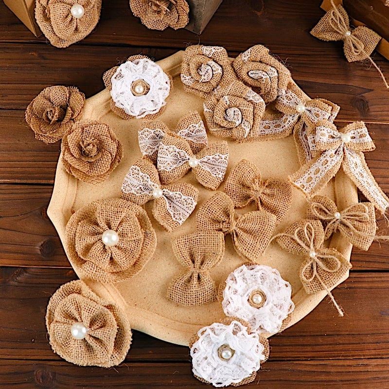 24 Assorted Flower and Bows Pre Tied Burlap Ribbons - Natural with White RIB_BOW_JUTE01_SET_NAT