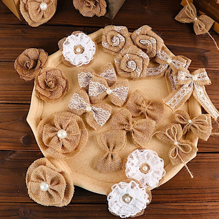 24 Assorted Flower and Bows Pre Tied Burlap Ribbons - Natural White