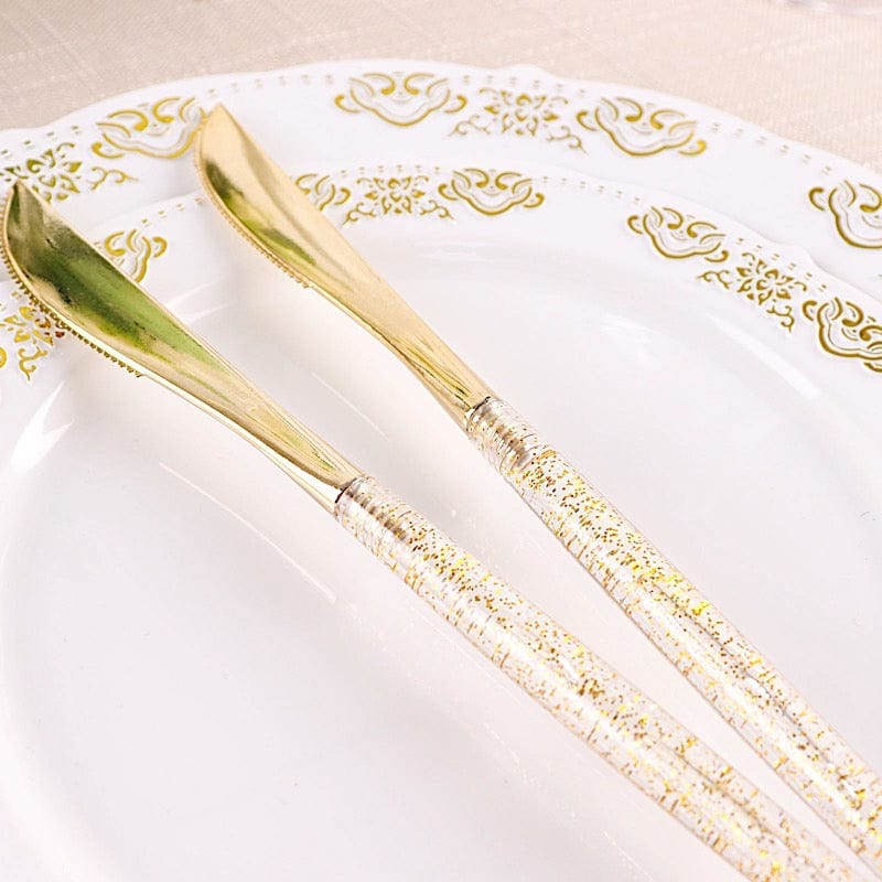 24 Clear Plastic Cutlery with Gold Glittered Handle - Disposable Tableware
